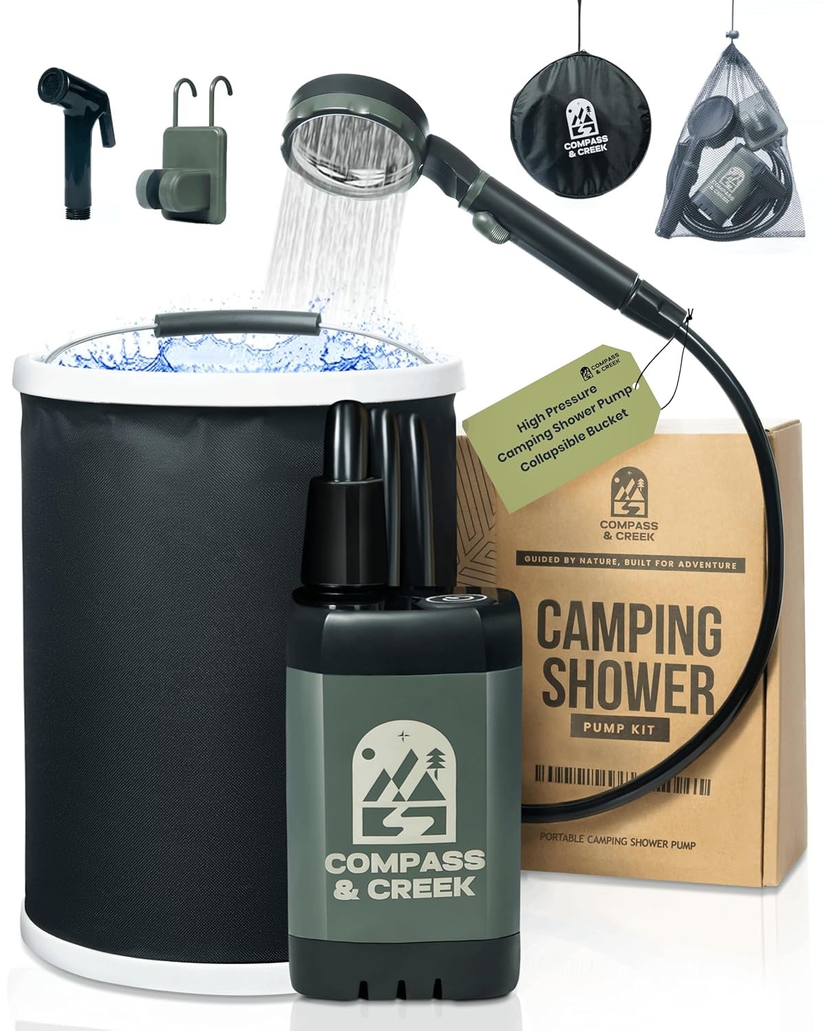 Portable Camping Shower Pump - Electric High Pressure Outdoor Camp Shower Kit with 3.9 Gal Collapsible Bucket - USB Rechargeable Pump with 90-Min Battery - for RV, Beach Hiking...