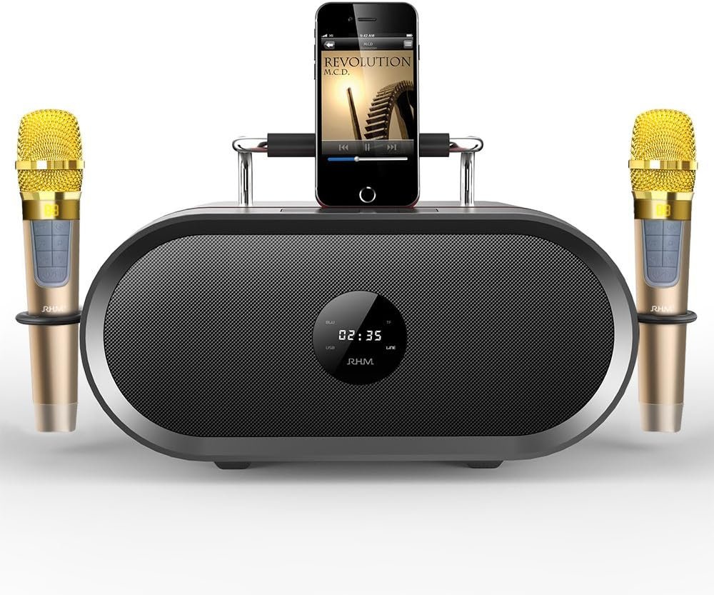 RHM K666 Karaoke Machine with Powerful & Clear Sound, 2 Wireless Microphones, Rechargeable Battery, 8 Hours Playtime, Support Bluetooth/AUX/USB/PC for Home, Party, Wedding,...