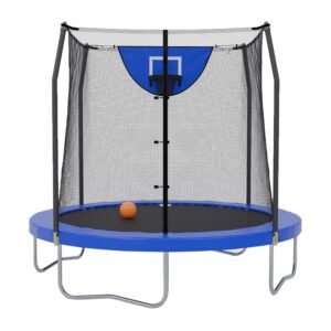 Skywalker Trampoline Outdoor 8 FT, 12 FT, 15 FT Jump N’ Dunk Round Outdoor Trampoline with Net, Trampoline Mat, and Basketball Hoop for Trampoline